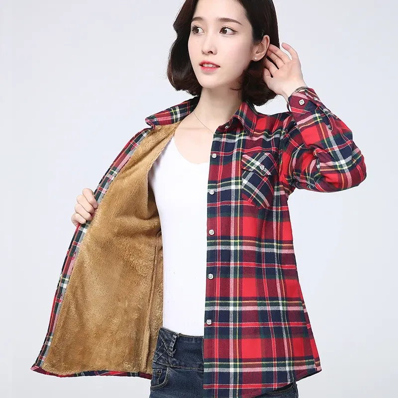 Color: Gold, Size: XXXL - 2025 Winter New Women's Warm Plaid Shirt Coat Casual Fleece Velvet Plus Thicke Jacket Tops College Style Woman Clothes Outerwear