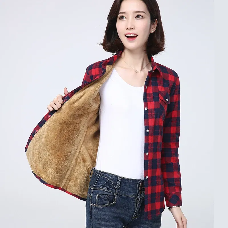 Color: Gold, Size: XXXL - 2025 Winter New Women's Warm Plaid Shirt Coat Casual Fleece Velvet Plus Thicke Jacket Tops College Style Woman Clothes Outerwear
