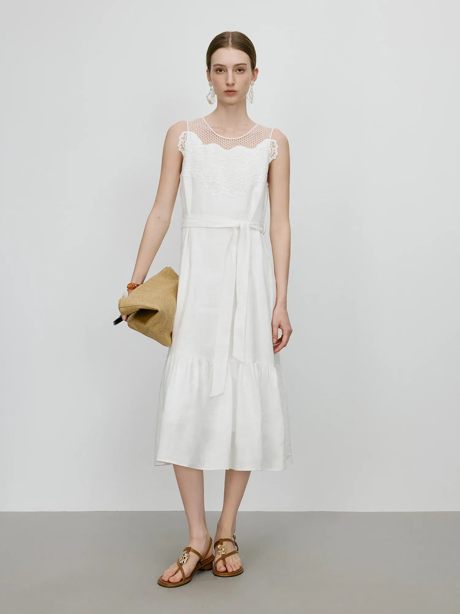 Color: WHITE, Size: S - FSLE【Premium Series?‘100% Linen Holiday Style Sleeveless White Long Dress Women Summer A-LINE Dress With Sashes 25FE12046