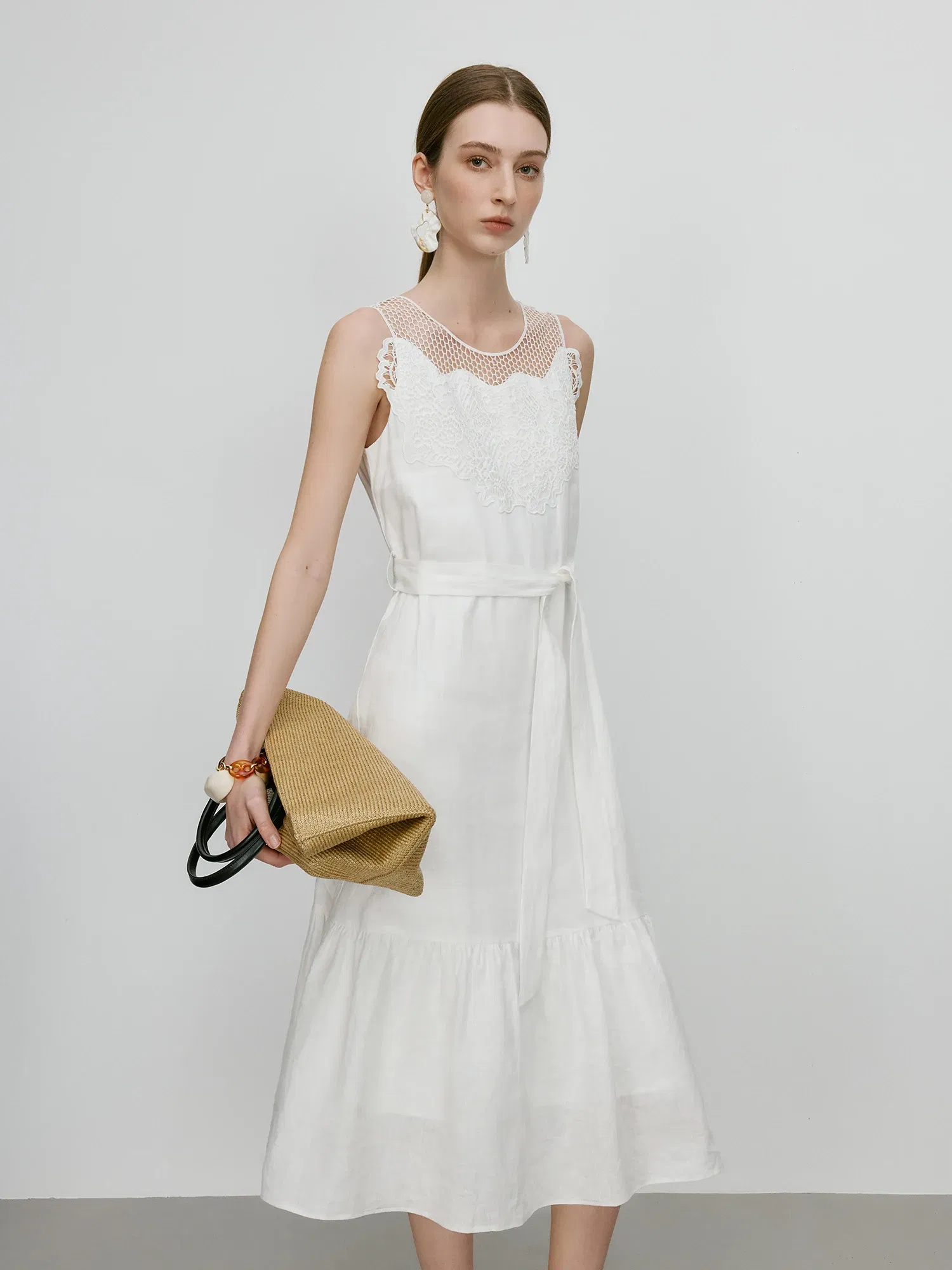 Color: WHITE, Size: S - FSLE【Premium Series?‘100% Linen Holiday Style Sleeveless White Long Dress Women Summer A-LINE Dress With Sashes 25FE12046