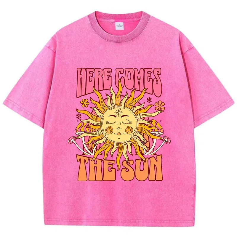 Color: Gold, Size: S - Oversize Women's Washed T-Shirt Cotton Here Comes The Sun Prints T Shirts Casual O-Neck Short Sleeve Tops Loose Women's Clothes