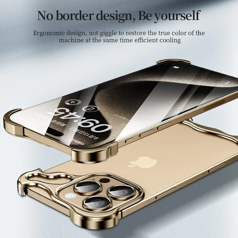 Color: Silver, Material: PU - Aluminum Metal Rimless Phone Case for iPhone 16 15 14 Plus 13 12 Pro Max Lens Protective Film Hollow Logo Cooling Accessory Case