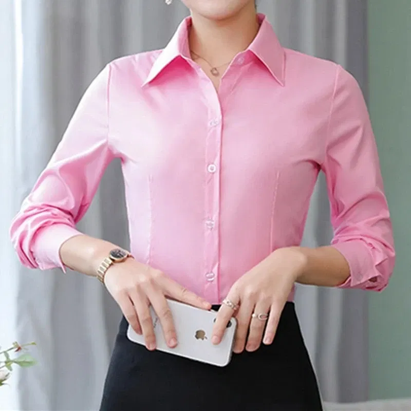 Color: WHITE, Size: L - Elegant Women Shirts Woman White Shirt Long Sleeve Blouse Office Lady business Pink Shirts Button Solid Women work Blouses Tops