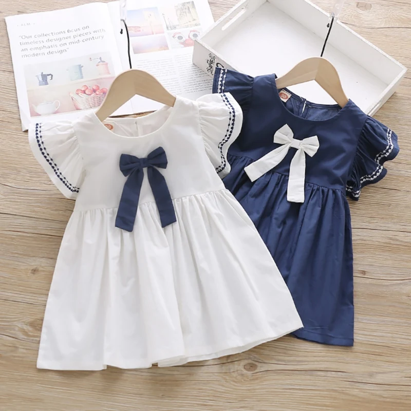 Color: Blue, Kid Size: 5 - Summer Baby Girl Princess Dress Casual Fashion Baby Girl Flying Sleeve Bow-knot Princess Dress Kids Clothing For 1-6 Years Old