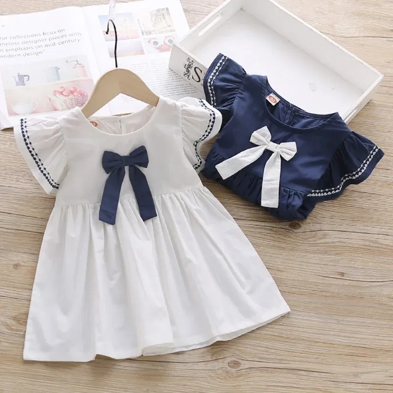 Color: Blue, Kid Size: 5 - Summer Baby Girl Princess Dress Casual Fashion Baby Girl Flying Sleeve Bow-knot Princess Dress Kids Clothing For 1-6 Years Old