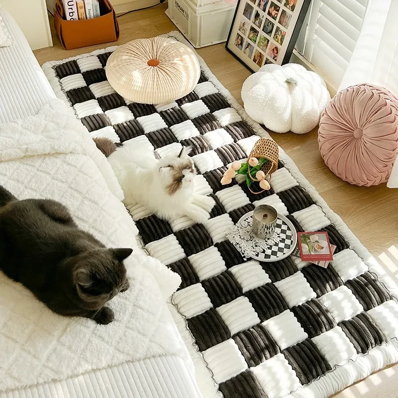 Cream-colored Large Plaid Square Fuzzy Pet Dog Mat Bed Couch Cover