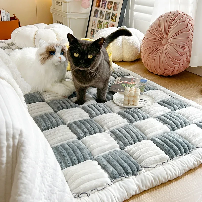 Cream-colored Large Plaid Square Fuzzy Pet Dog Mat Bed Couch Cover