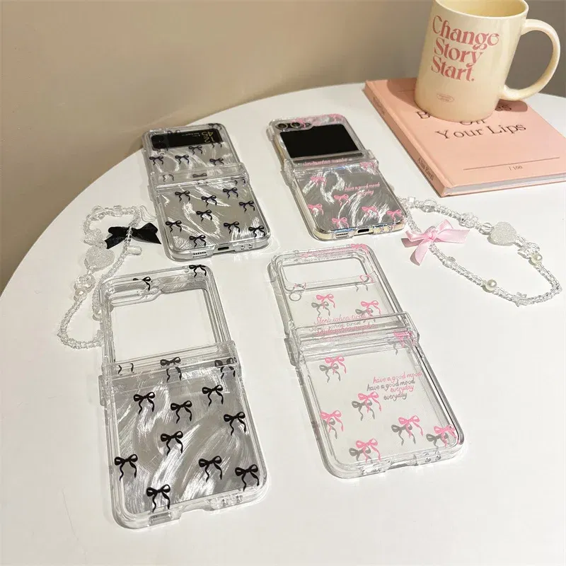 Color: Clear, Material: Nylon - For Samsung Galaxy Z Flip 3 4 5 6 Case Cute Pink Black Bow Feather Cards Bracelet Cover For Samsung Z Flip3 Flip4 ZFlip5