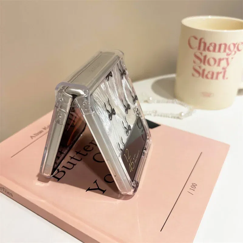 Color: Clear, Material: Nylon - For Samsung Galaxy Z Flip 3 4 5 6 Case Cute Pink Black Bow Feather Cards Bracelet Cover For Samsung Z Flip3 Flip4 ZFlip5