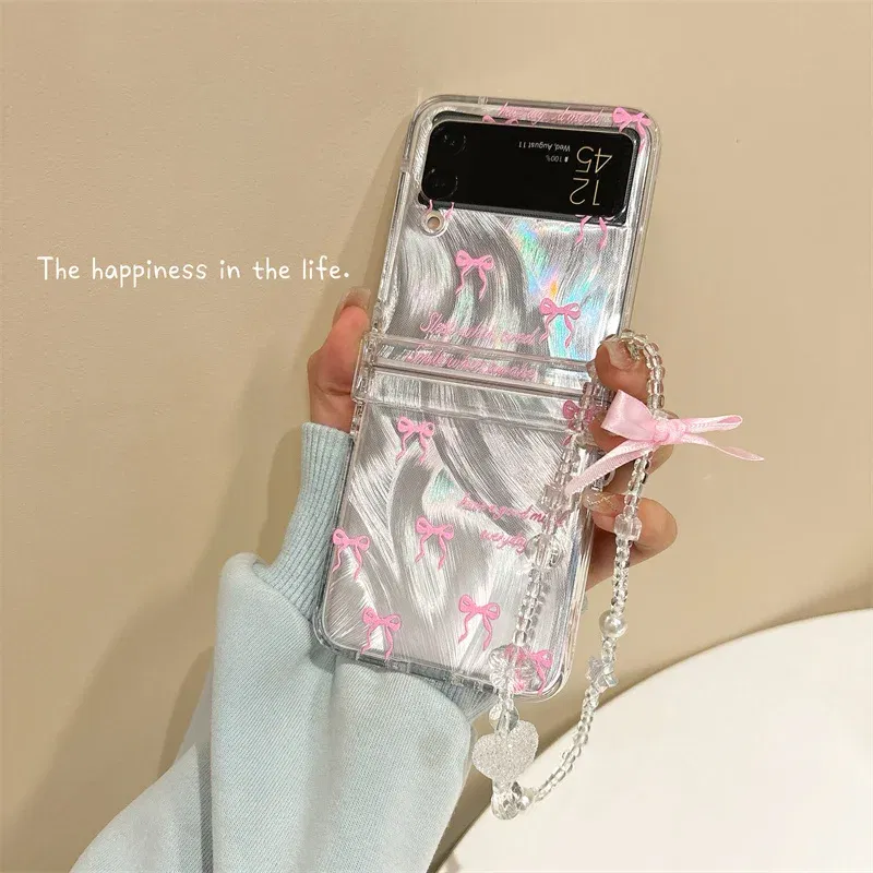 Color: Clear, Material: Nylon - For Samsung Galaxy Z Flip 3 4 5 6 Case Cute Pink Black Bow Feather Cards Bracelet Cover For Samsung Z Flip3 Flip4 ZFlip5