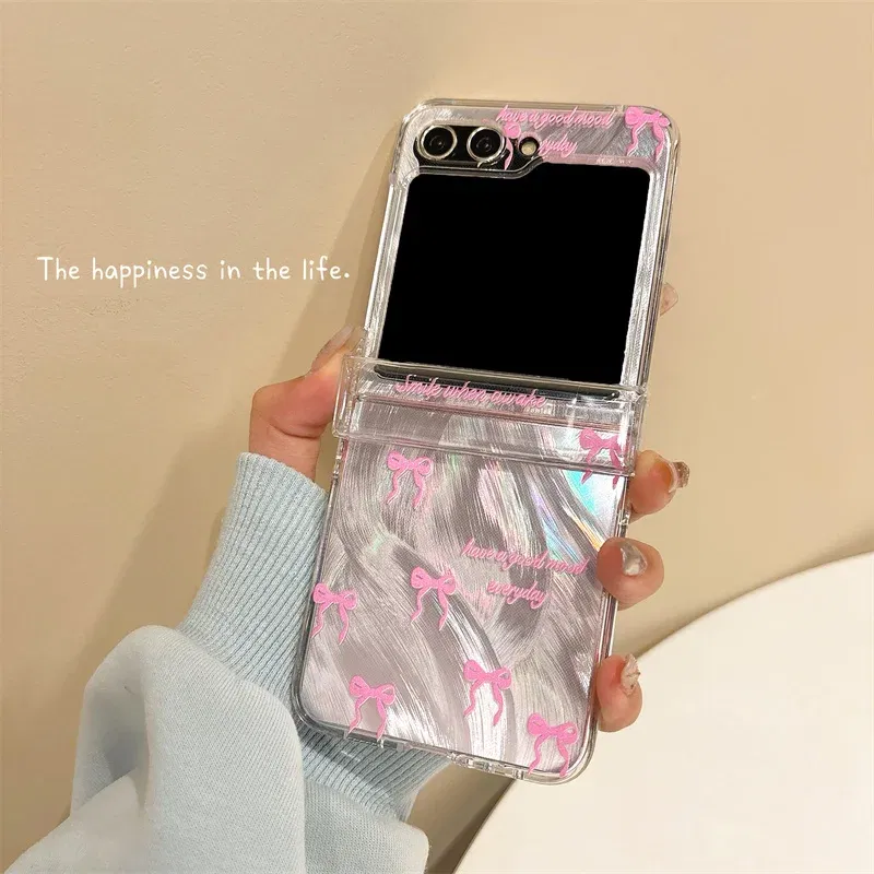 Color: Clear, Material: Nylon - For Samsung Galaxy Z Flip 3 4 5 6 Case Cute Pink Black Bow Feather Cards Bracelet Cover For Samsung Z Flip3 Flip4 ZFlip5