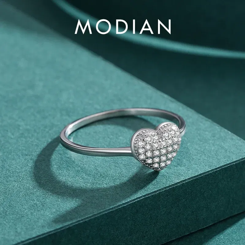 Gem Color: silver, Ring Size: 5 - MODIAN 925 Sterling Silver Delicate Romantic Love Heart Finger Ring Zirconia For Women Fine Jewelry Valentine Day Gift