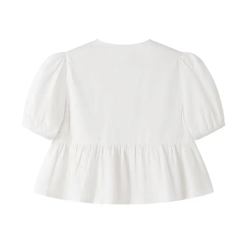 Color: WHITE, Size: M - TRAF White Crop Top Women Black Ruffle Short Puff Sleeve Blouse Female Bow Tied Summer Blouses Woman 2024 Ruched Cute Tops