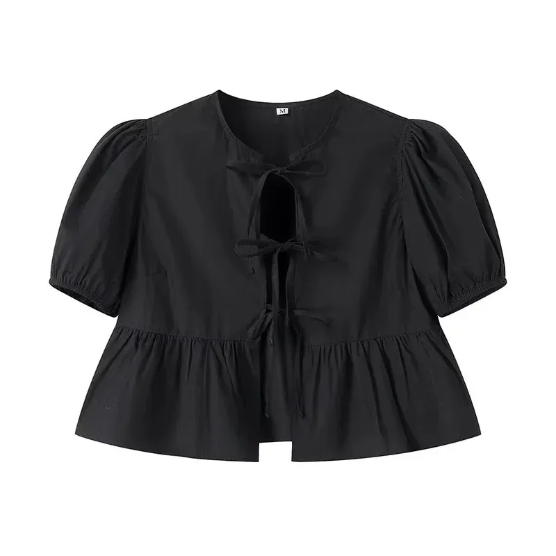 Color: WHITE, Size: M - TRAF White Crop Top Women Black Ruffle Short Puff Sleeve Blouse Female Bow Tied Summer Blouses Woman 2024 Ruched Cute Tops