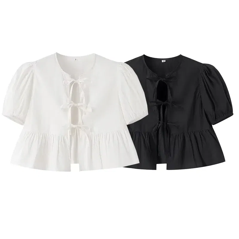 Color: WHITE, Size: M - TRAF White Crop Top Women Black Ruffle Short Puff Sleeve Blouse Female Bow Tied Summer Blouses Woman 2024 Ruched Cute Tops