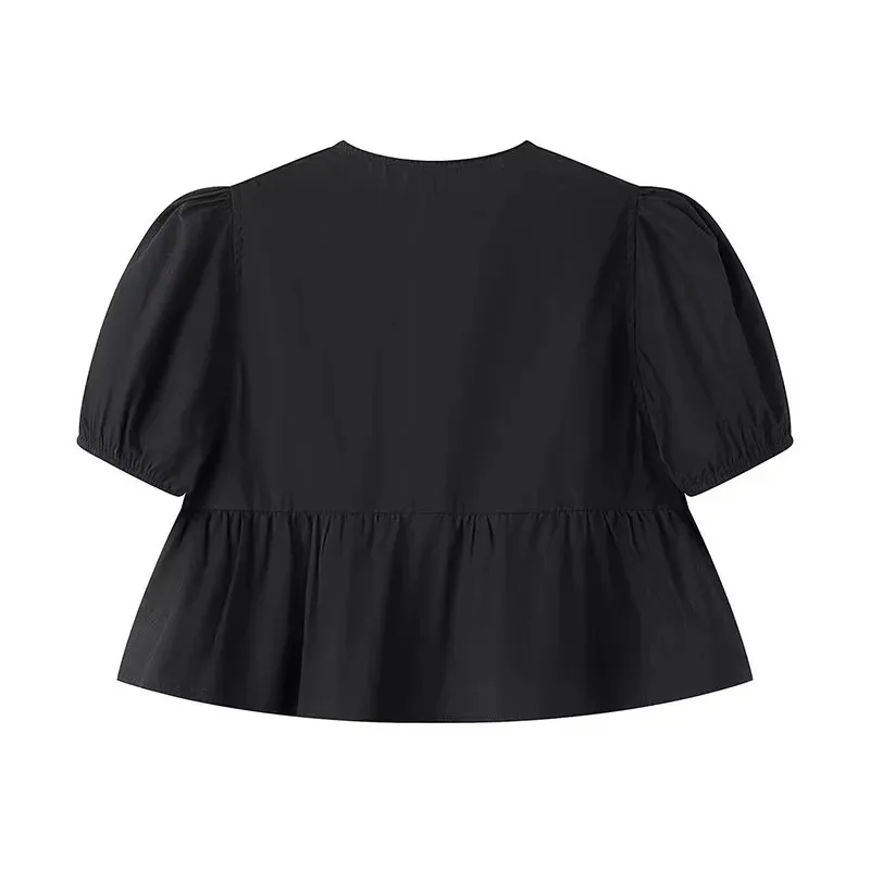 Color: WHITE, Size: M - TRAF White Crop Top Women Black Ruffle Short Puff Sleeve Blouse Female Bow Tied Summer Blouses Woman 2024 Ruched Cute Tops