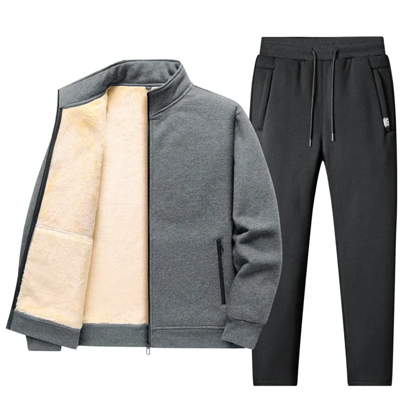 Color: GRAY, Size: XL - Men Winter Sports Suits Men's Plush Thickened Lamb Sweatshirts+pants Men Warn Casual Sportswear Autumn Sportswear tracksuits