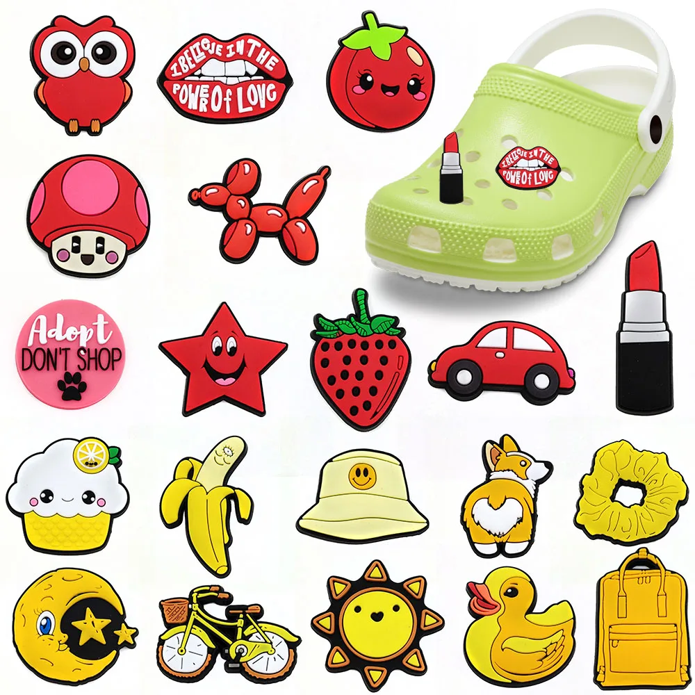 Color: WHITE, Ships From: CHINA - Red Yellow style Car Sun Lips Strawberry lipstick Alligator Charm Garden Shoe Accessories Buckle clogs Decorative sandals