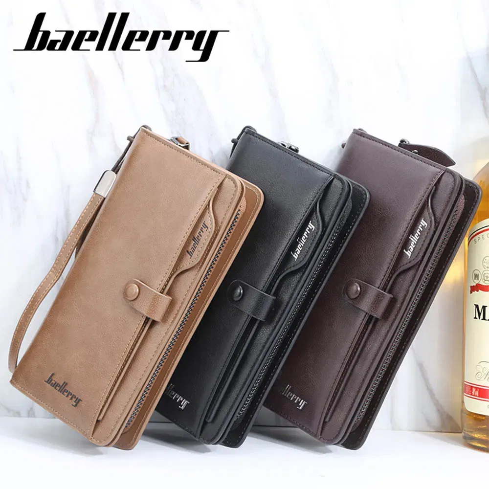 Color: Beige - 2024 Baellerry Men Long Fashion Wallets Desigh Zipper Card Holder Leather Purse Solid Coin Pocket High Quality Male Purse
