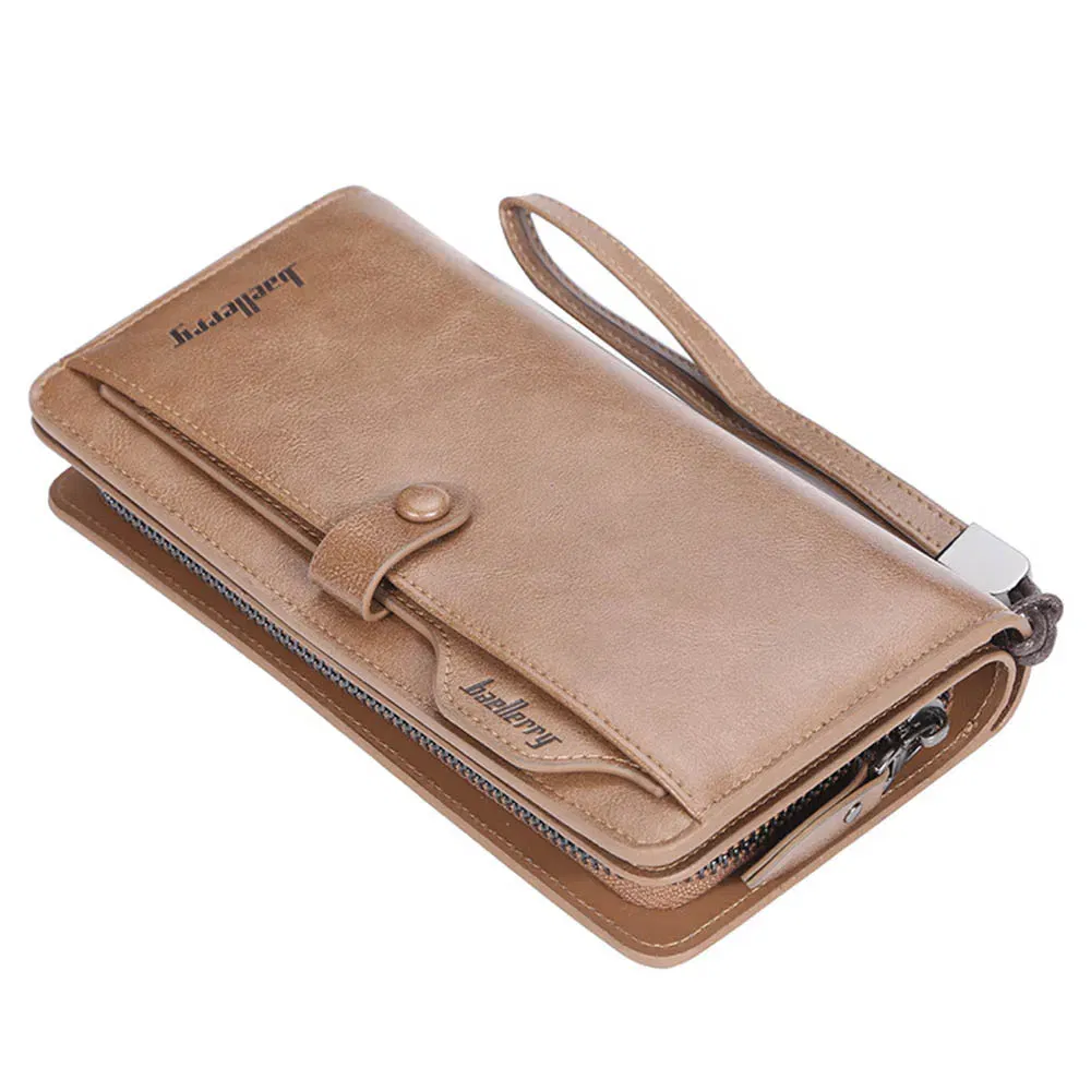 Color: Beige - 2024 Baellerry Men Long Fashion Wallets Desigh Zipper Card Holder Leather Purse Solid Coin Pocket High Quality Male Purse