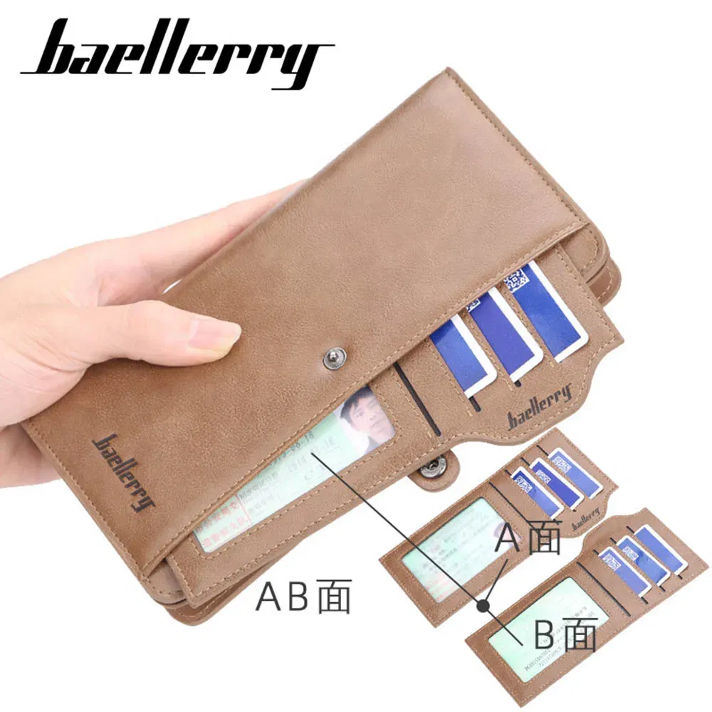 Color: Beige - 2024 Baellerry Men Long Fashion Wallets Desigh Zipper Card Holder Leather Purse Solid Coin Pocket High Quality Male Purse