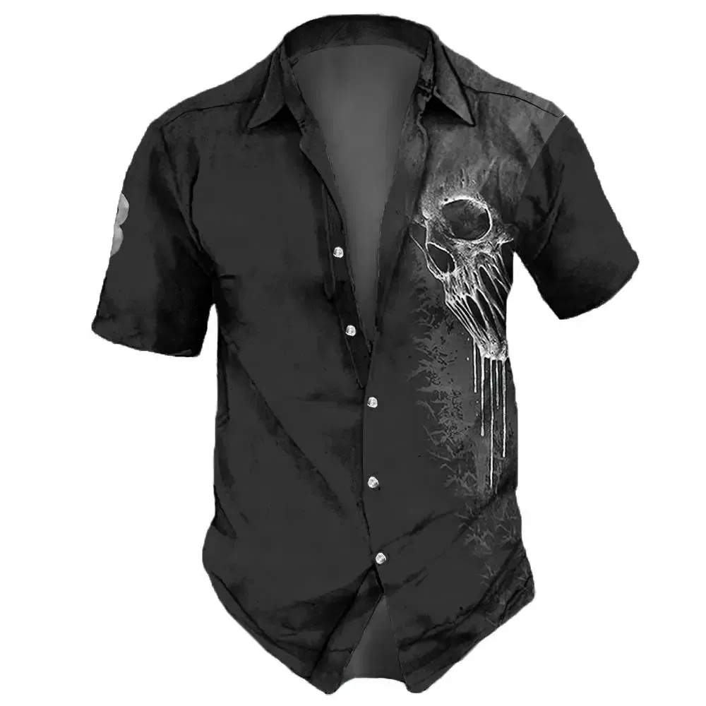 Color: Brown, Size: S - 2023 Skull  Men's Shirts Lapel Streetwear Vintage Shirt For Men Street Hip Hop Short Sleeve Top Party Summer Men Hawaiian Shirts