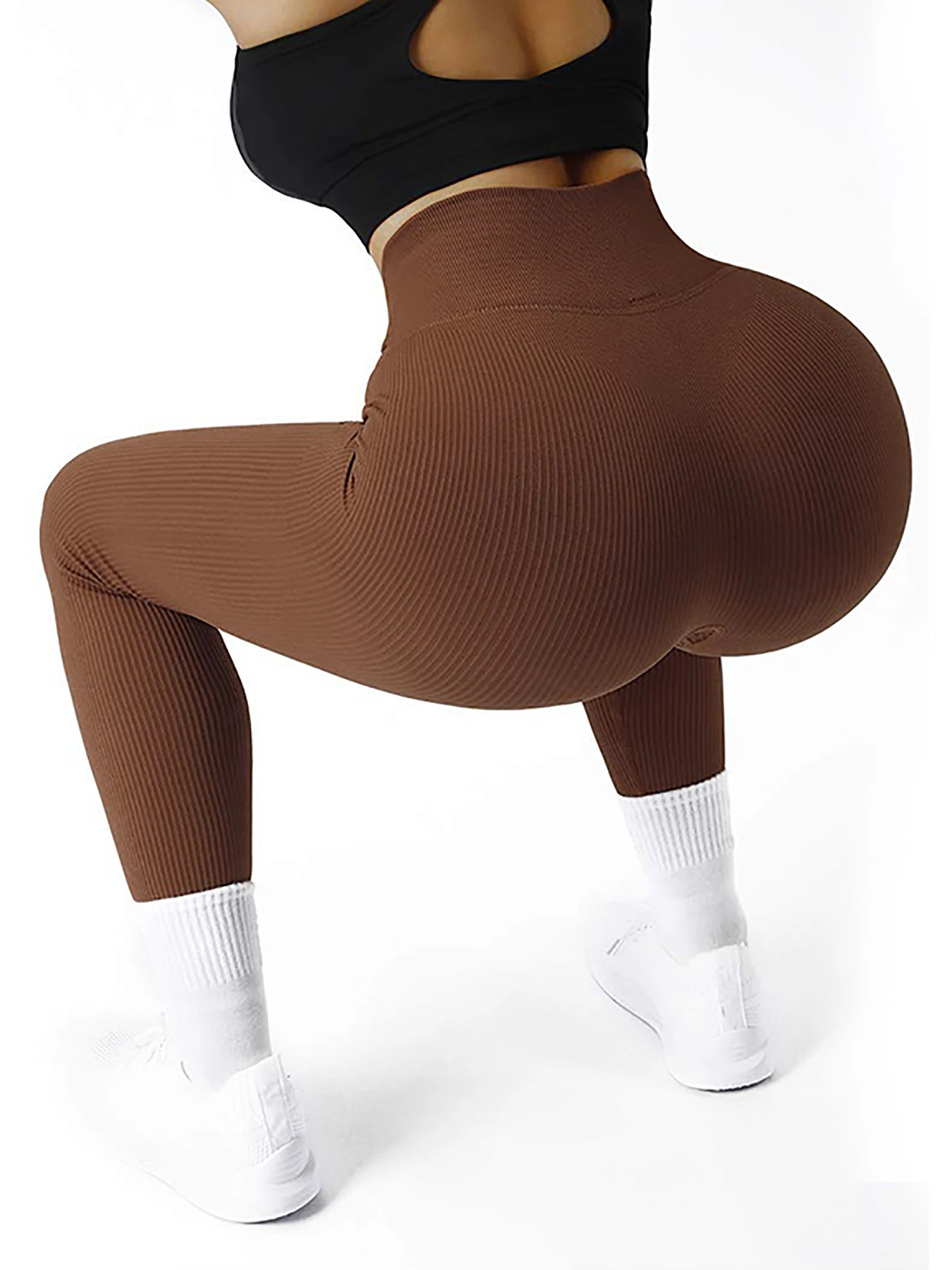 Color: Brown, Size: M - Women's Ribbed High Waist Fitness Leggings Simple Yoga Daily Leisure High Waist Sports Cycling Pants