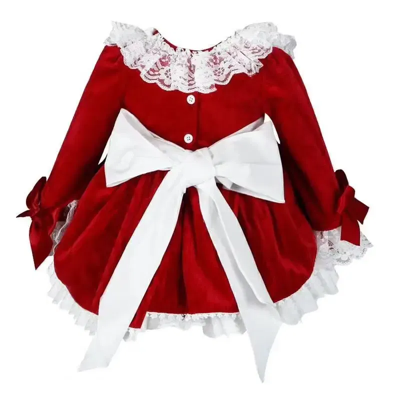 Kid Size: 12M - 4PCS Baby Girl Autumn Winter Spring Red Velvet Vintage Spanish Princess Dress Lolita Christmas Birthday Wedding Party C1
