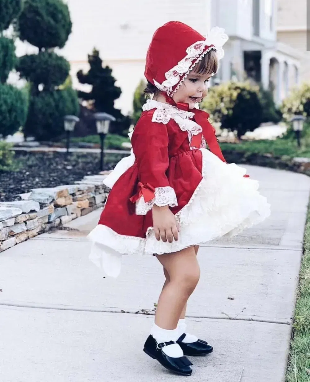 Kid Size: 12M - 4PCS Baby Girl Autumn Winter Spring Red Velvet Vintage Spanish Princess Dress Lolita Christmas Birthday Wedding Party C1
