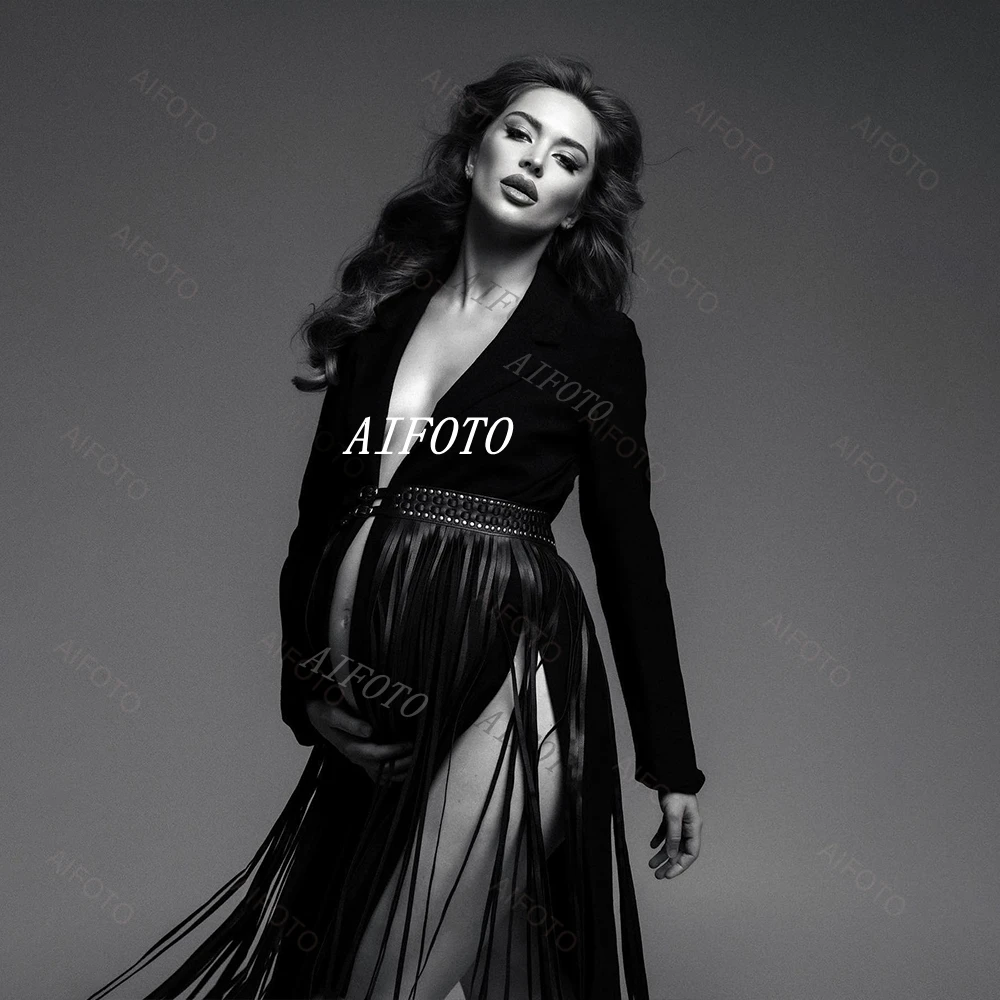 Color: WHITE, Maternity Size: M - Black Women's Suit Pregnancy Photoshoot Clothes Chic Outerwear Long Tassel Buckle Waist Belt Blazer Maternity Photography Outfit