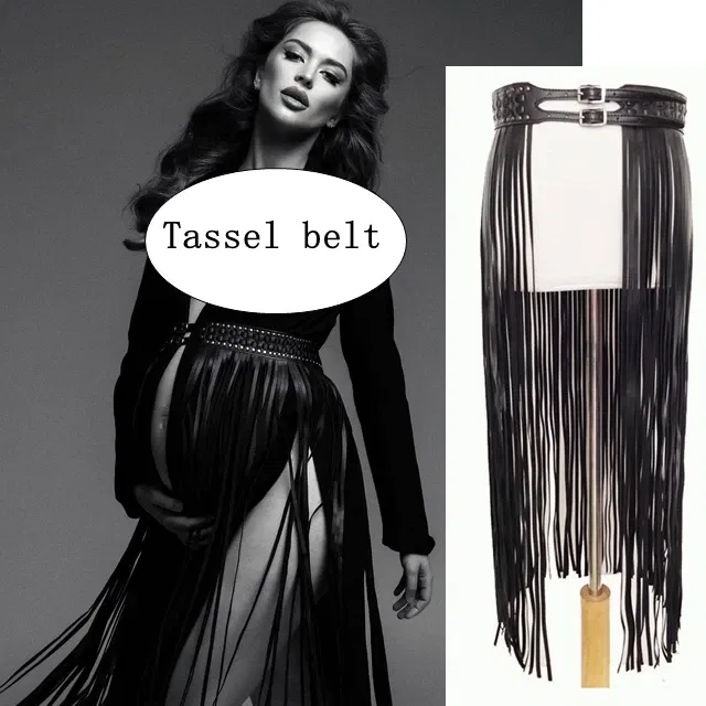 Color: WHITE, Maternity Size: M - Black Women's Suit Pregnancy Photoshoot Clothes Chic Outerwear Long Tassel Buckle Waist Belt Blazer Maternity Photography Outfit