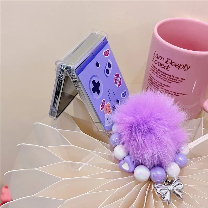 Color: Clear, Material: Nylon - Cute Bracelet Phone Cases For Samsung Galaxy Z Flip 3 4 5 6 7 FE Hard Plastic PC Plush Case For Samsung Z Flip5 ZFlip5