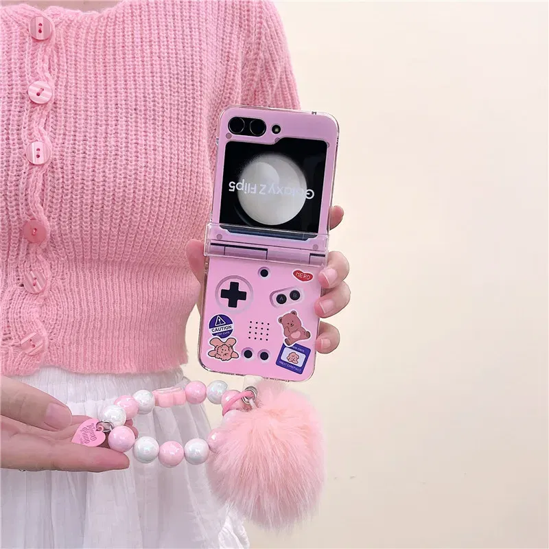 Color: Clear, Material: Nylon - Cute Bracelet Phone Cases For Samsung Galaxy Z Flip 3 4 5 6 7 FE Hard Plastic PC Plush Case For Samsung Z Flip5 ZFlip5