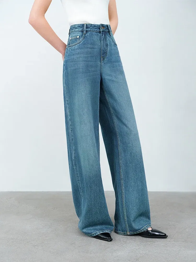 Color: Blue, Size: XS - FSLE 【Premium Series?‘Simple and Loose Washed High Waisted Jeans for Women Spring 2025 New Style Jeans 25FS11316