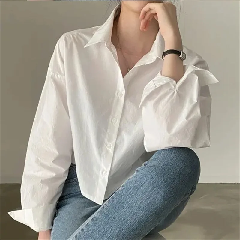Color: WHITE, Size: M - Spring New Casual Long Sleeve Women White Shirt Korea Style Solid Button Split Woman Crop Tops Blouse Party Clothing