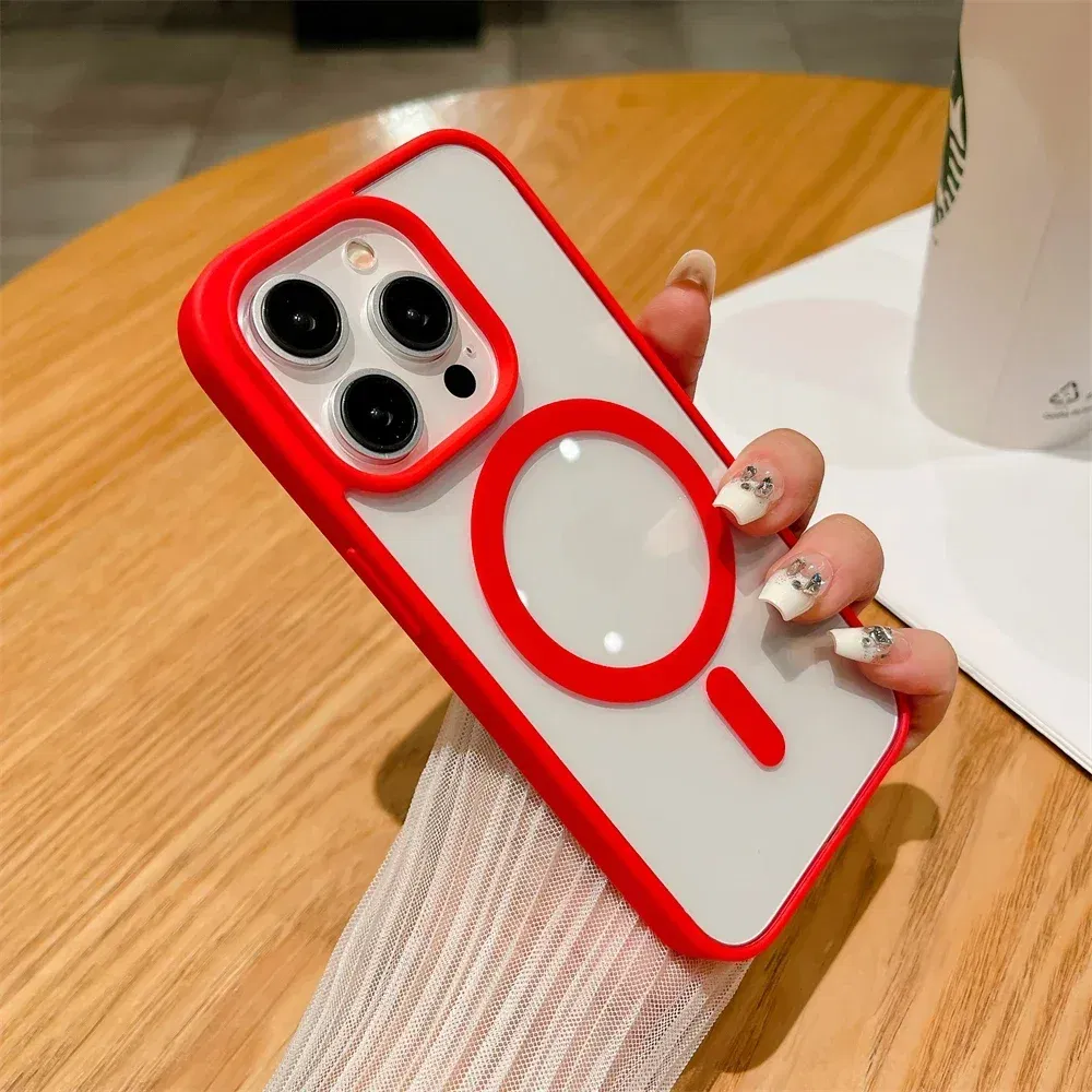 Color: Red, Material: PC - Luxury Shockproof Magsafe Wireless Charge Case for iPhone 17 Air 16 15 14 Plus 13 12 Mini 11 Pro Max Clear Magnetic Bumper Cover