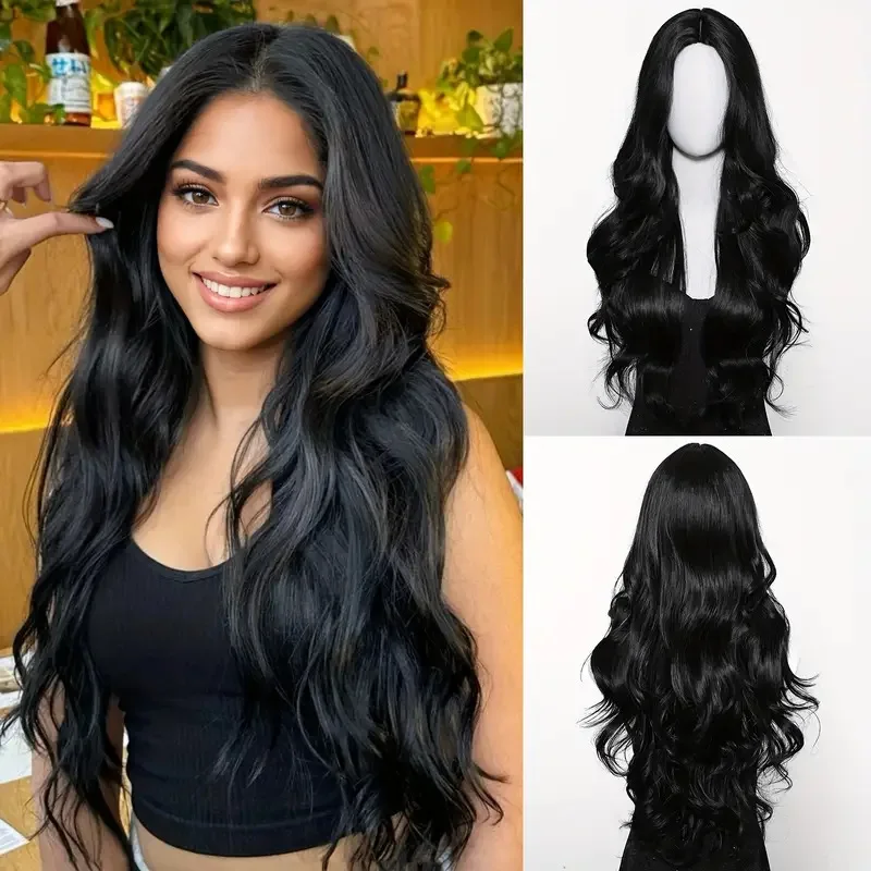 Color: #1 - Black synthetic wig with middle-parted long hair and big waves for party or daily use. High-temperature synthetic hair cap.