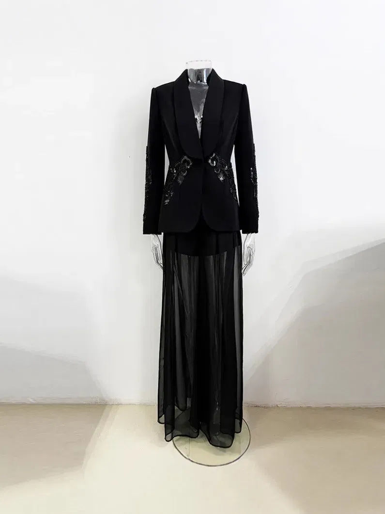 HIGH QUALITY New Fashion 2025 Designer Suit Set Women's Gauze Patchwork Beaded Blazer Chiffon Pants 2cs Set