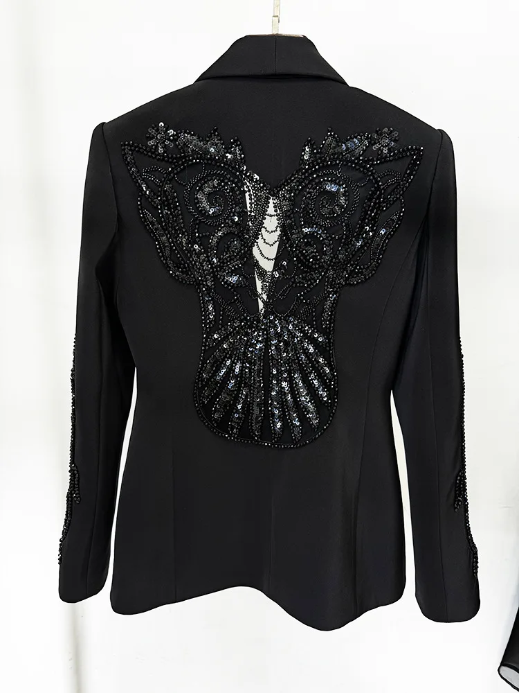 HIGH QUALITY New Fashion 2025 Designer Suit Set Women's Gauze Patchwork Beaded Blazer Chiffon Pants 2cs Set