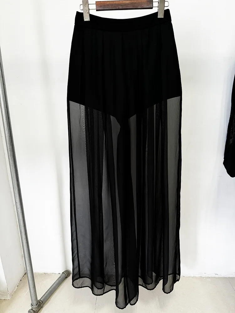 HIGH QUALITY New Fashion 2025 Designer Suit Set Women's Gauze Patchwork Beaded Blazer Chiffon Pants 2cs Set