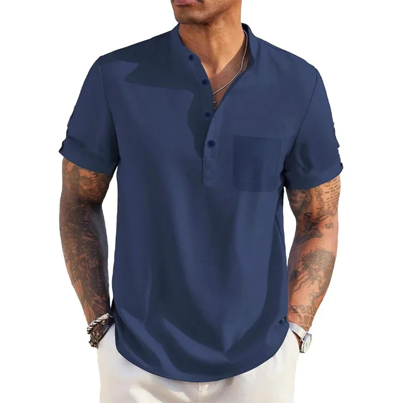 Color: Navy Blue, Size: XL - Summer Men's Cotton Linen T-Shirt Henley Neck Pocket Casual Lightweight Breathable Beach Shirt Solid Color Basic Style Tops