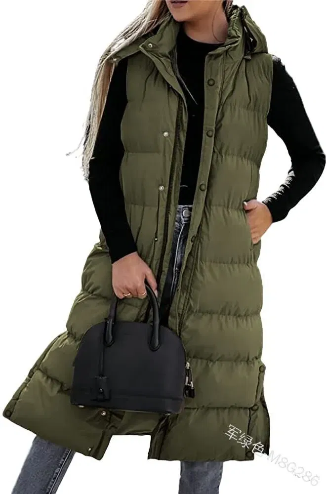 Color: army green, Size: XL - Hooded Zipper Jacket Women Oversize Waistcoat Winter Outerwear Hooded Parka Fashion Quilted Vest Casual
