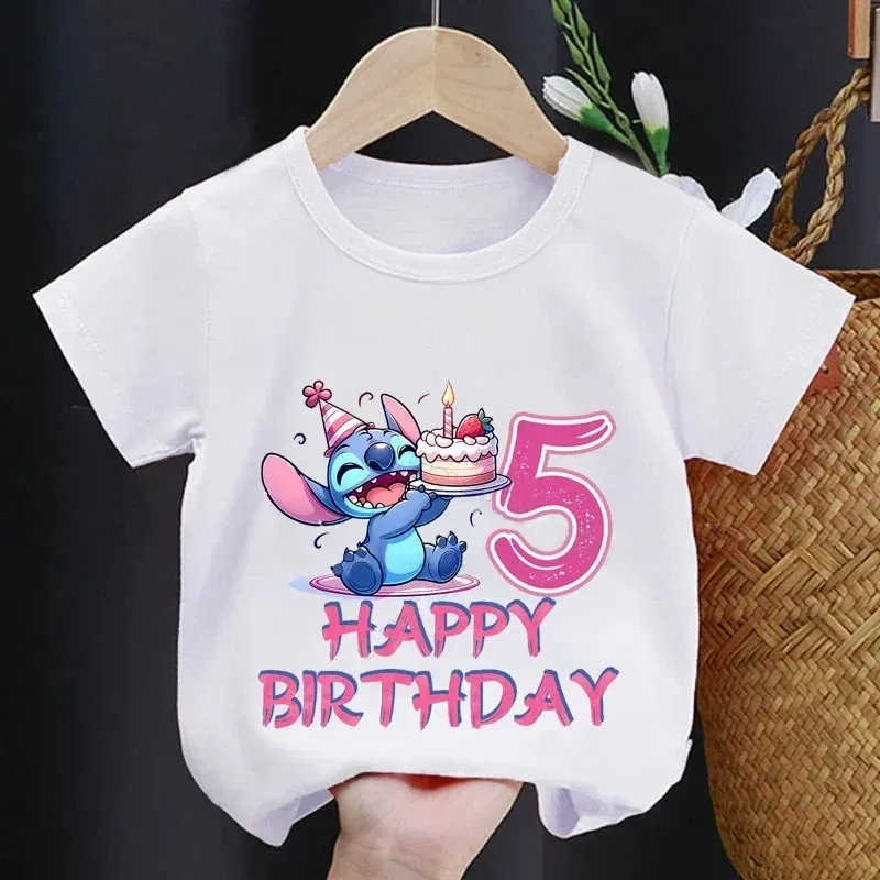 Color: Brown, Kid Size: 3M - Lilo Stitch Children T-shirt Birthday 3-10 Years Boy Girl Clothing Summer Cartoon Print Tshirt Short Sleeve Cotton Top Baby Tee