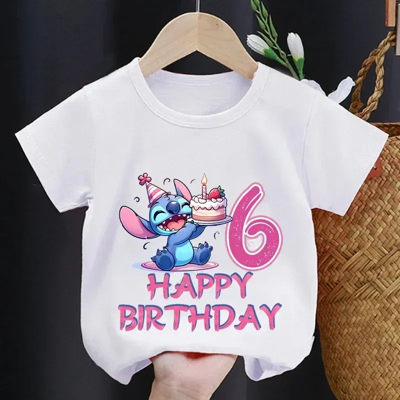 Color: Brown, Kid Size: 3M - Lilo Stitch Children T-shirt Birthday 3-10 Years Boy Girl Clothing Summer Cartoon Print Tshirt Short Sleeve Cotton Top Baby Tee
