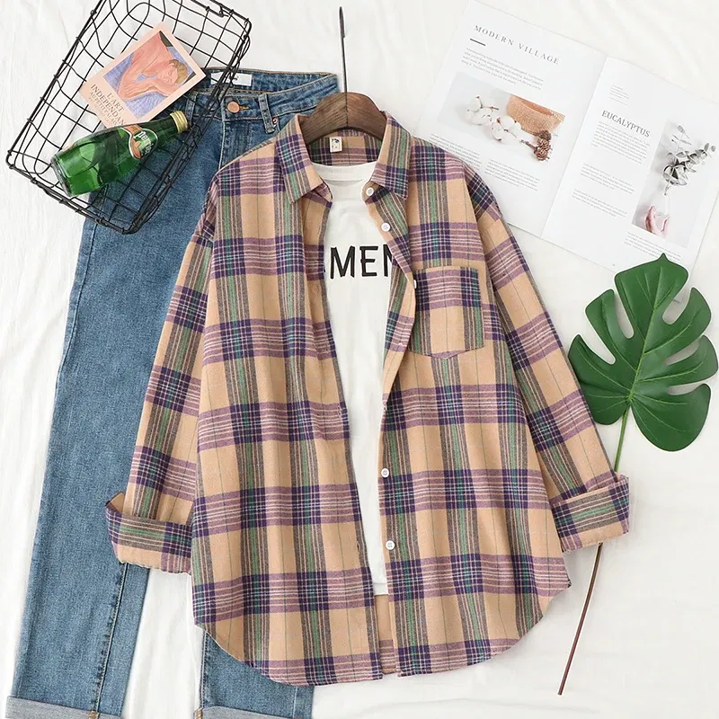 Color: Light Grey, Size: M - Fresh Flannel Plaid Shirt Women 2024 New Female Blouses and Tops Cotton Loose Long Sleeve Casual Shirts Fine Women's Clothes