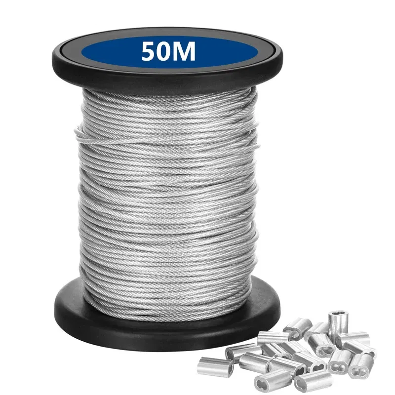 Diameter: 1.5mm - 1.5/2/3mm*50m Stainless Steel Wire Rope Resistant Strong Line PVC Coated Flexible Clothesline Kit