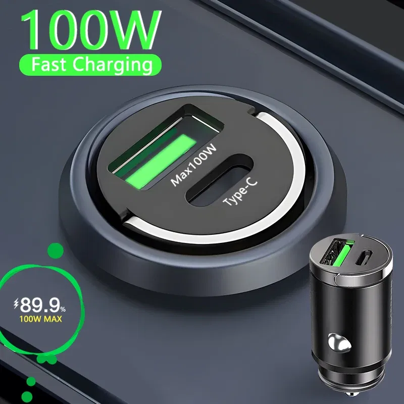 Plug Type: DE - 100W Mini Car Charger Lighter Fast Charging for iPhone QC3.0 Mini PD USB Type C Car Phone Charger for Xiaomi Samsung Huawei