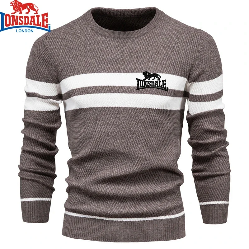Color: Beige, Size: XL - Embroidered LONSDALE Mens Boys Winter Stripe Sweater Thick Warm Pullovers Men's O-neck Basic Casual Slim Comfortable Sweaters
