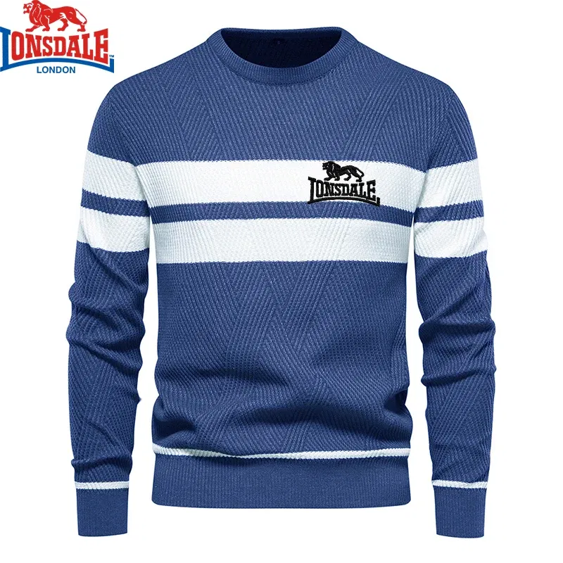 Color: Beige, Size: XL - Embroidered LONSDALE Mens Boys Winter Stripe Sweater Thick Warm Pullovers Men's O-neck Basic Casual Slim Comfortable Sweaters