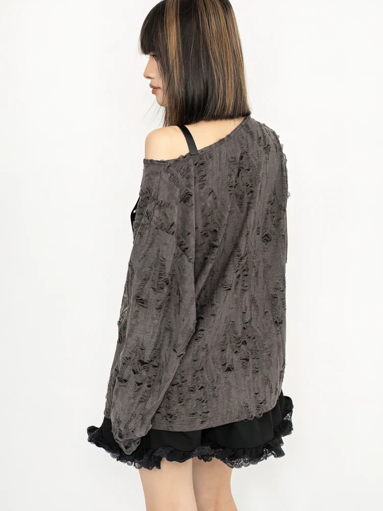 Y2k Long sleeve T shirt Women Off shoulder Oversize Tops Female Spring Autumn Vintage Holes Basic Tees Streetwear Chic